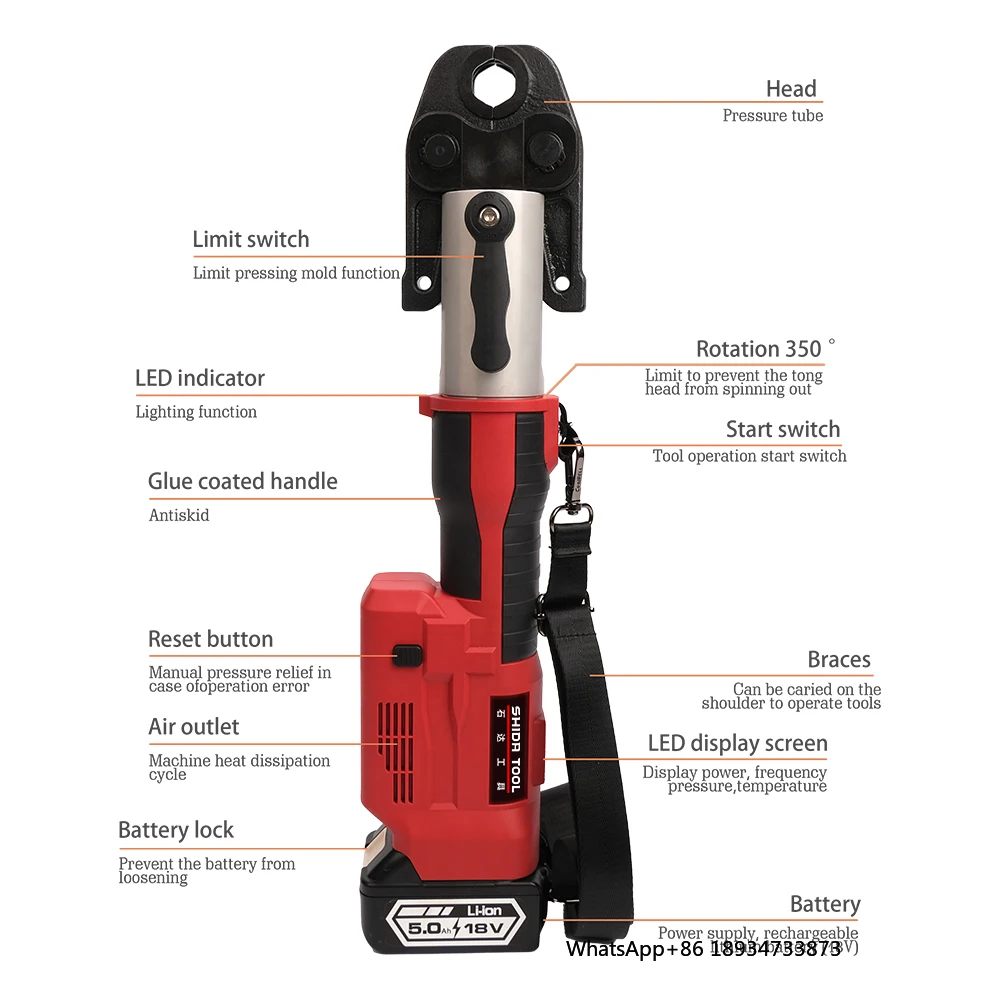 1550 Electric Cordless Hydraulic Press Pliers Battery-Powered Plumbers Tool Copper Alloy Steel PEX Pipes 40mm Stroke 1.8V/5.0Ah - Image 3